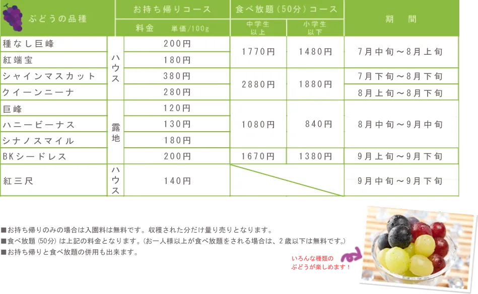 ぶどう狩り料金表